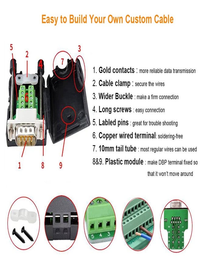 DTECH DB9 Breakout Connector DB-9 Female RS232 Serial Adapter Solderless Module Board with Screw Terminals Block, Case, Long Bolts and Tail Pipes - Image 4